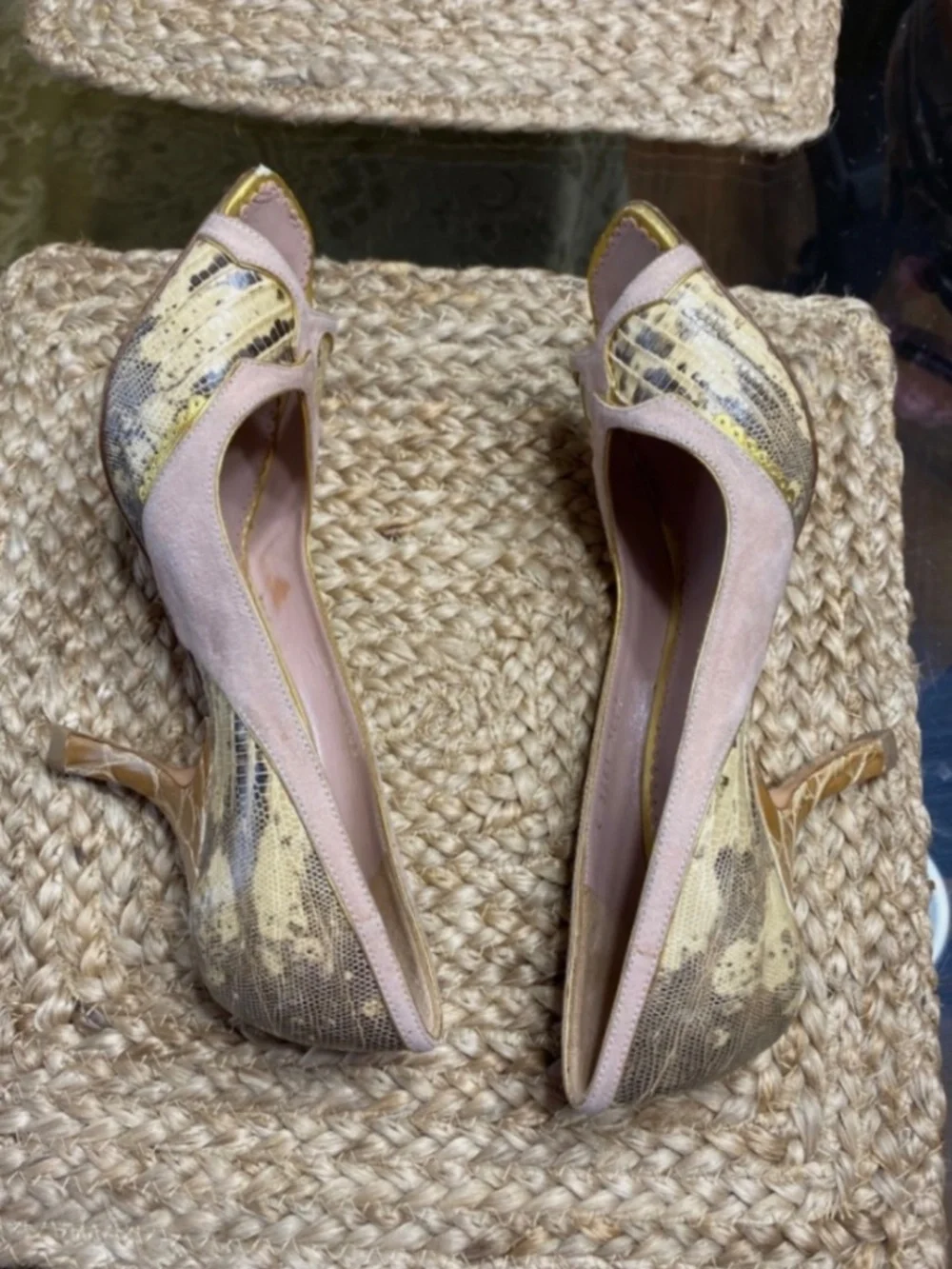 Prada alligator/ lizard gold pale pink peep toe heels Size 8 /38